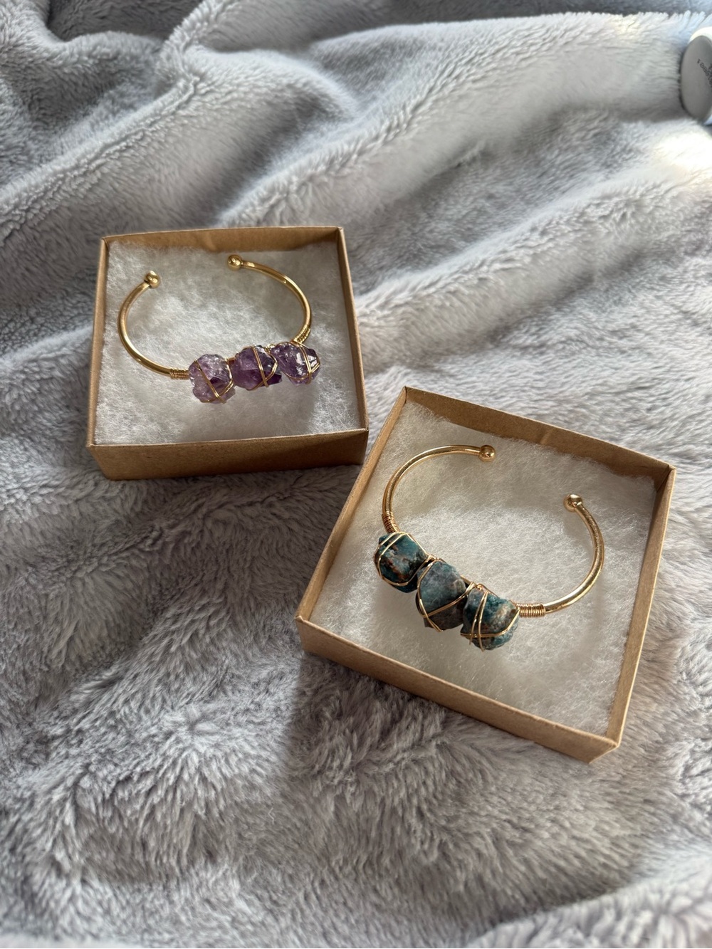 Gold Wire-Wrapped Amethyst and Turquoise Bracelet Set